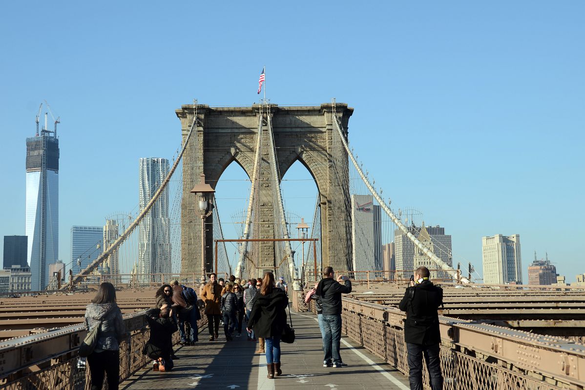 10 The First Cable Tower On The Walk Across New York Brooklyn Bridge With One World Trade Center Being Built And Gehry New York